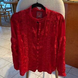 Johnny Was Red Embroidered Ruffle Front Blouse